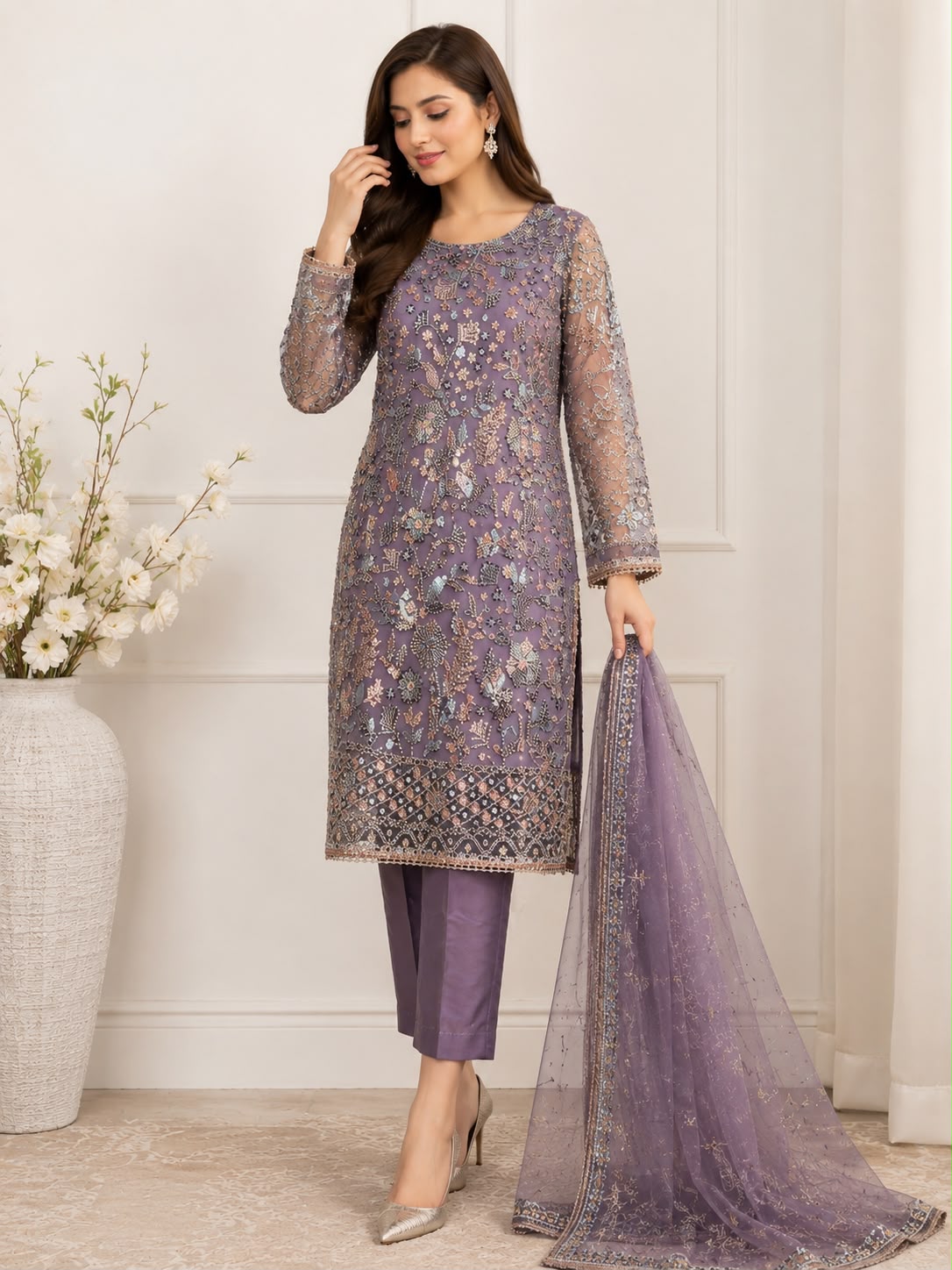 Lavender Luxury Hand-Embellished Cut Dana Festive Wear with Raw Silk Trouser