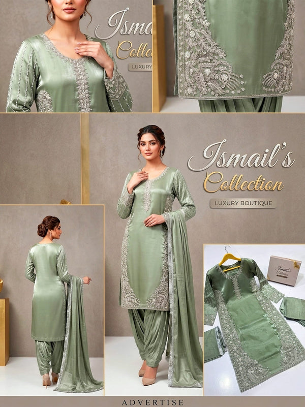 Pistachio Glamour – Hand-Embellished Raw Silk Suit from the Luxury Boutique