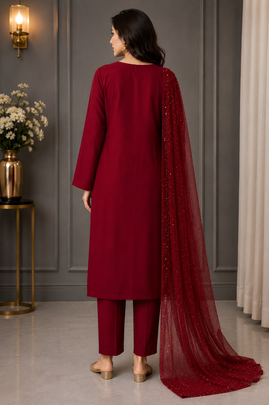 Luxury Raw Silk Embroidered Maroon Formal Wear with Net Dupatta