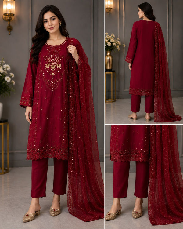 Luxury Raw Silk Embroidered Maroon Formal Wear with Net Dupatta