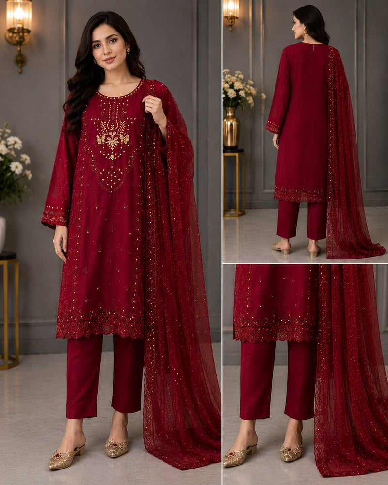 Luxury Raw Silk Embroidered Maroon Formal Wear with Net Dupatta