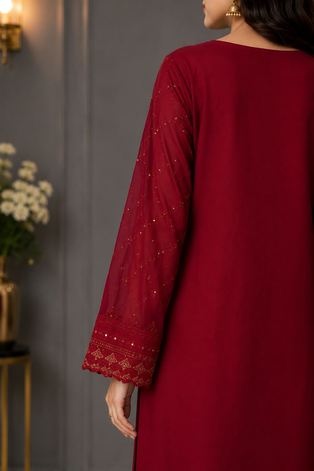 Luxury Raw Silk Embroidered Maroon Formal Wear with Net Dupatta