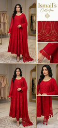 Ruby Heritage – Ornate Monochromatic Chiffon Suite with Scalloped Borders