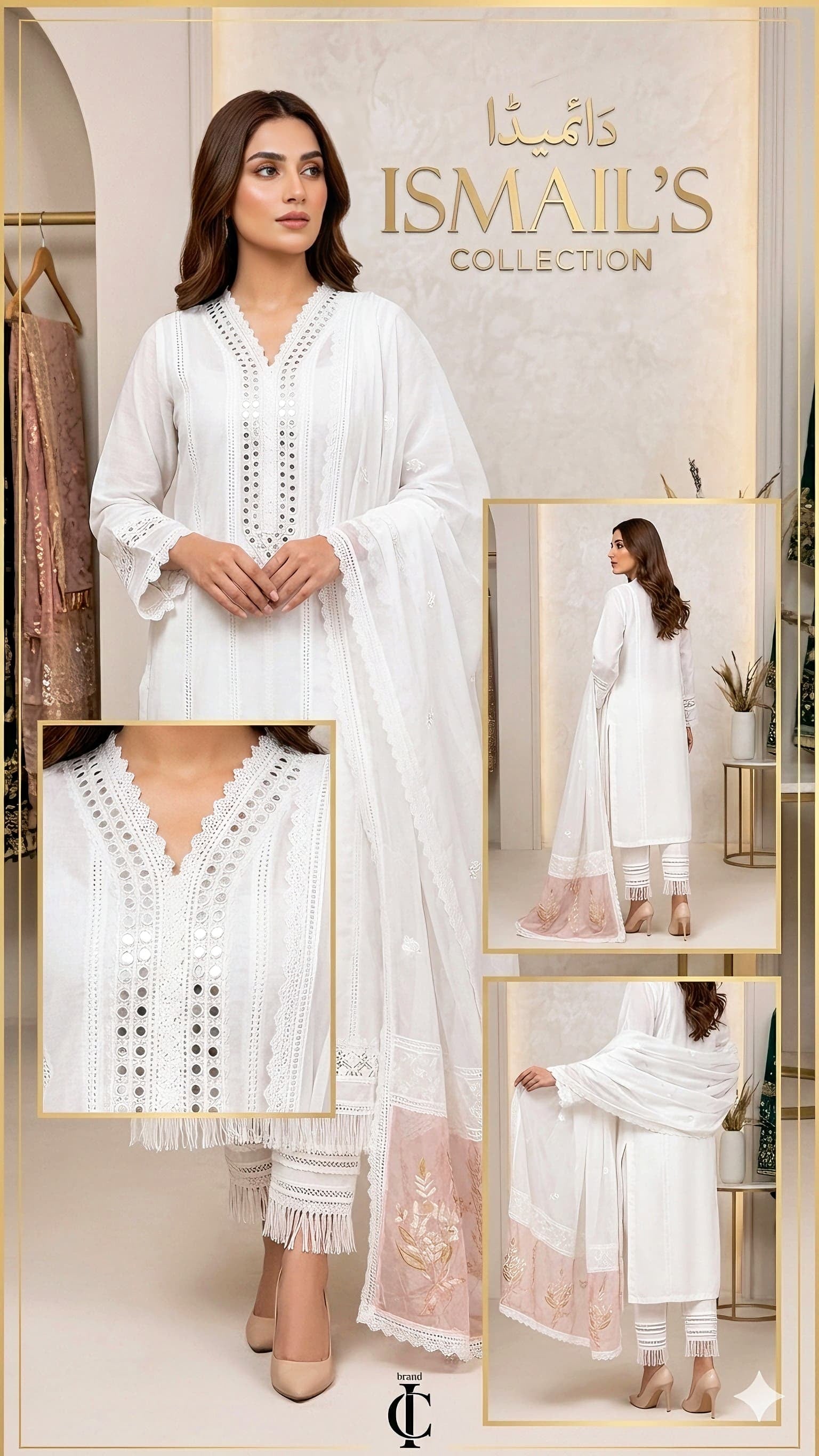 Pure Ivory Luxe – Intricately Detailed Chiffon Suit with Mirror-Work Accents