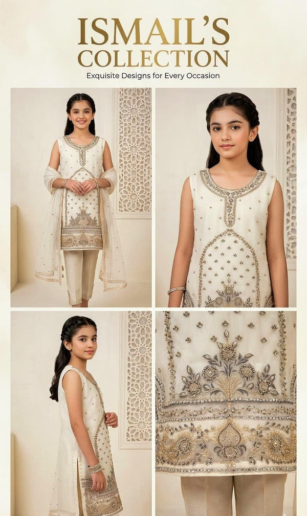 Ivory Majesty – Kids' Exquisite Hand-Embellished Chiffon Tunic Set