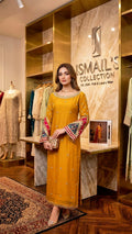 Mustard Elegance: Embroidered Organza Suit with Detailed Shalwar Palazzo
